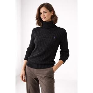 Polo Sport Black Turtleneck Cable Knit Cotton Sweater Academia Medium